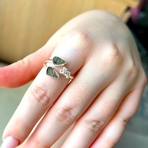 Moldavite & natural double terminated Herkimer diamond Ring